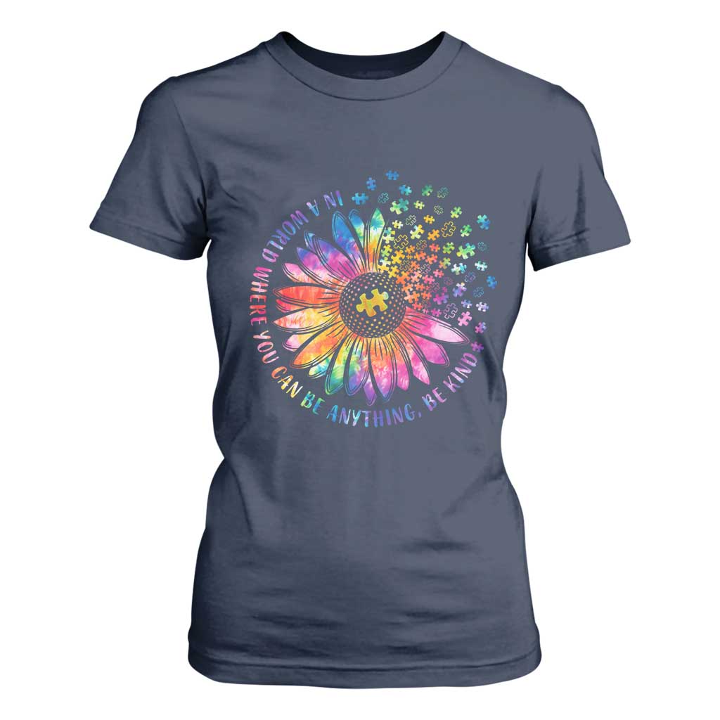 Be Kind Autism Support T Shirt For Women Kindness Sunflower Tie Dye Puzzle