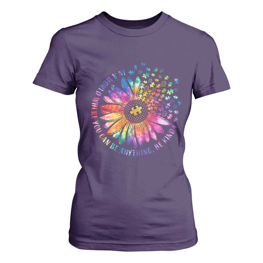 Be Kind Autism Support T Shirt For Women Kindness Sunflower Tie Dye Puzzle