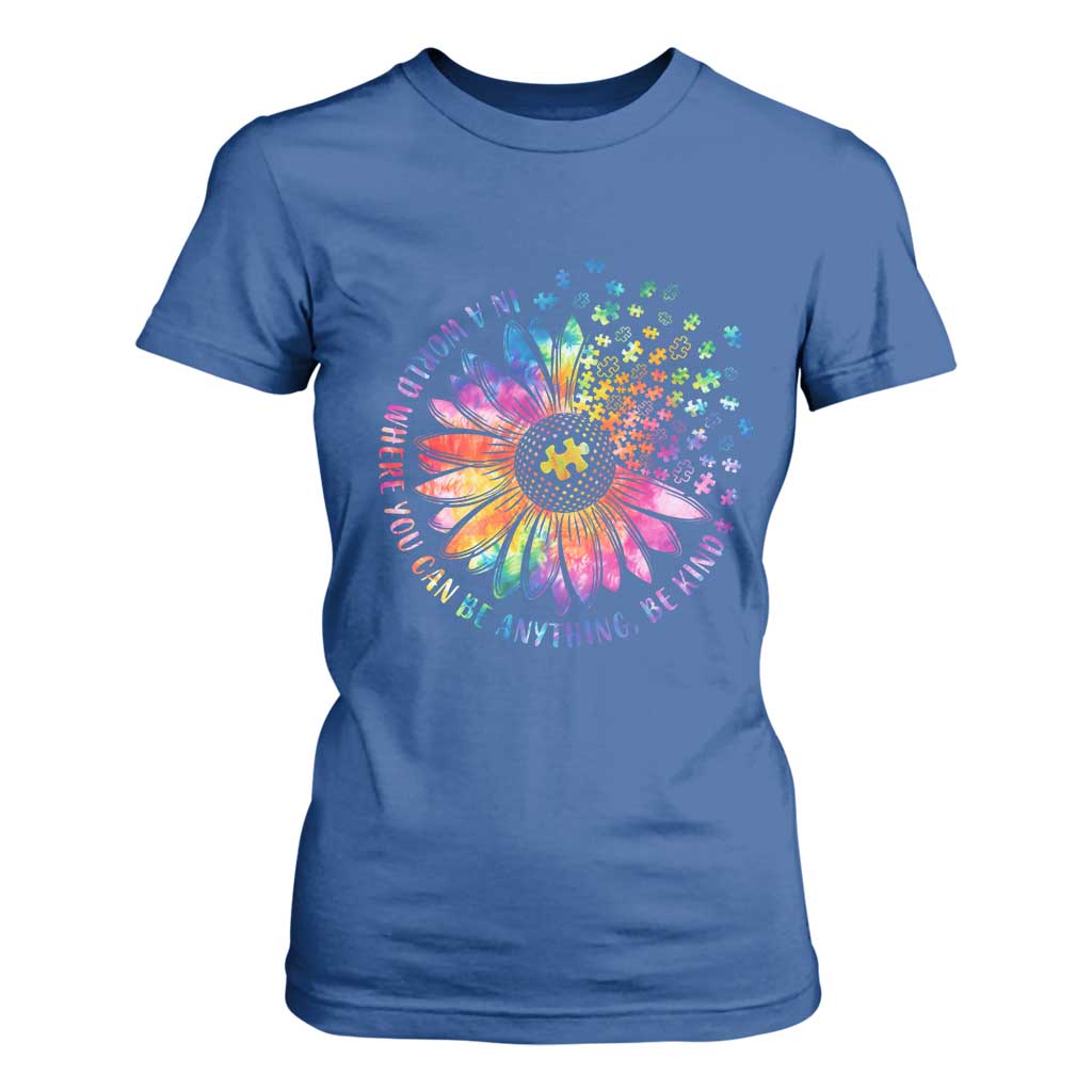 Be Kind Autism Support T Shirt For Women Kindness Sunflower Tie Dye Puzzle
