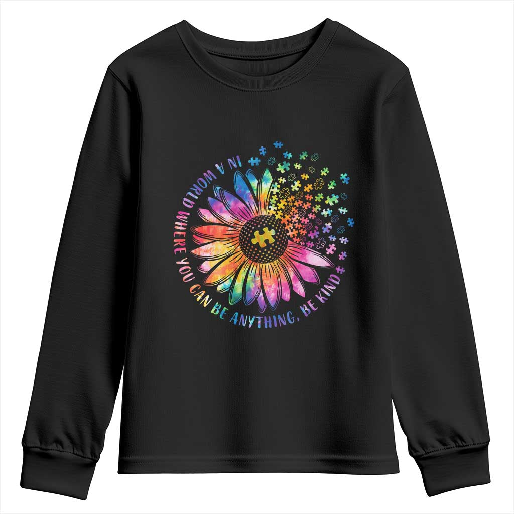 Be Kind Autism Support Youth Sweatshirt Kindness Sunflower Tie Dye Puzzle