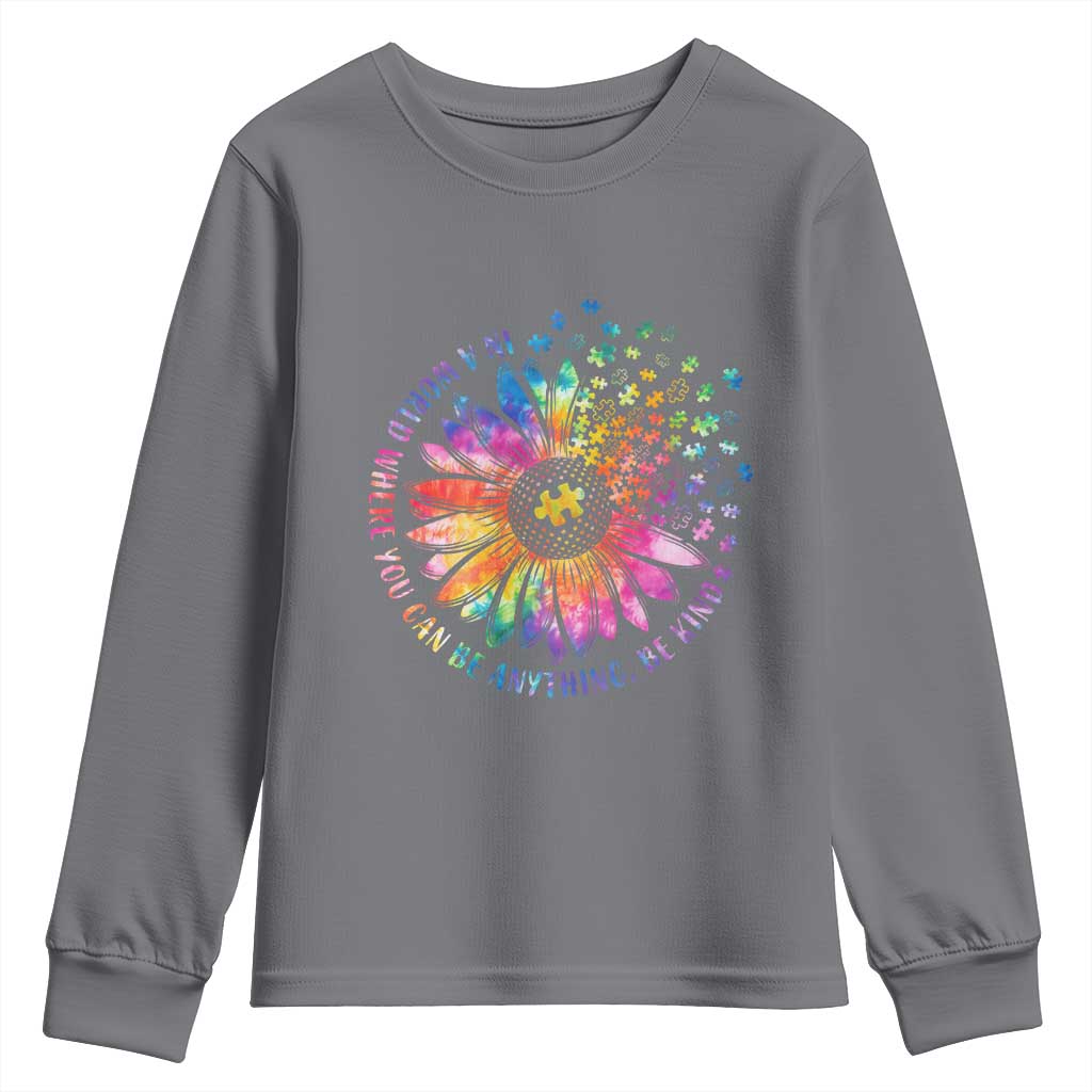 Be Kind Autism Support Youth Sweatshirt Kindness Sunflower Tie Dye Puzzle