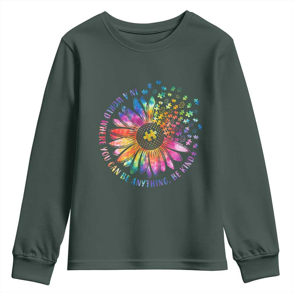 Be Kind Autism Support Youth Sweatshirt Kindness Sunflower Tie Dye Puzzle