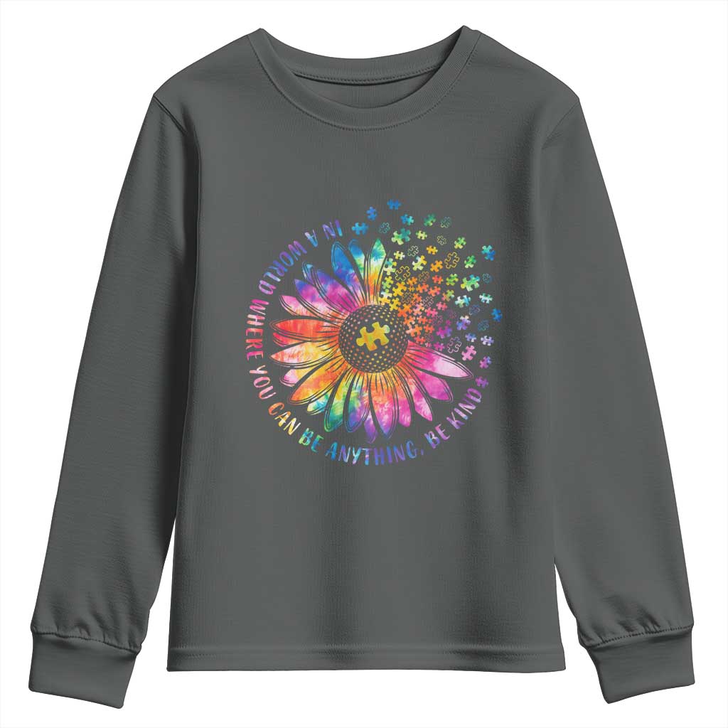 Be Kind Autism Support Youth Sweatshirt Kindness Sunflower Tie Dye Puzzle