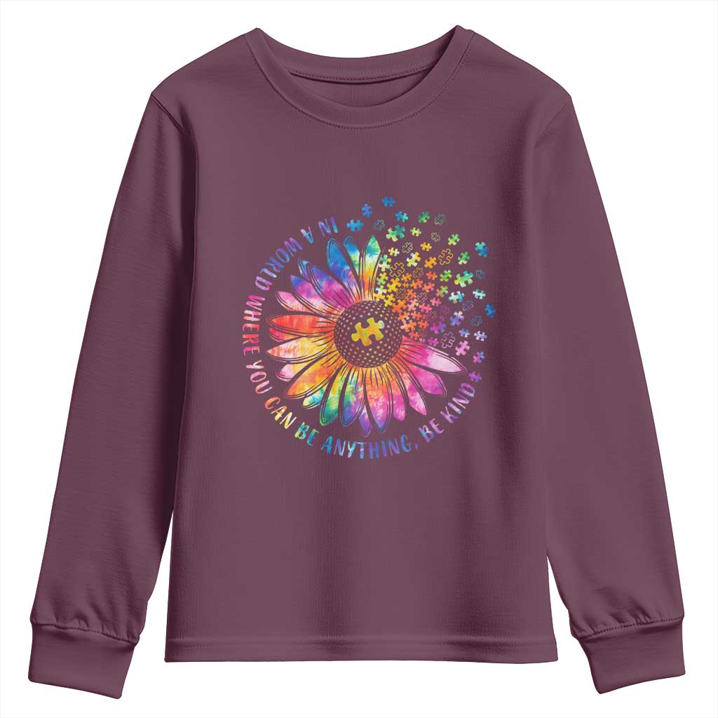 Be Kind Autism Support Youth Sweatshirt Kindness Sunflower Tie Dye Puzzle