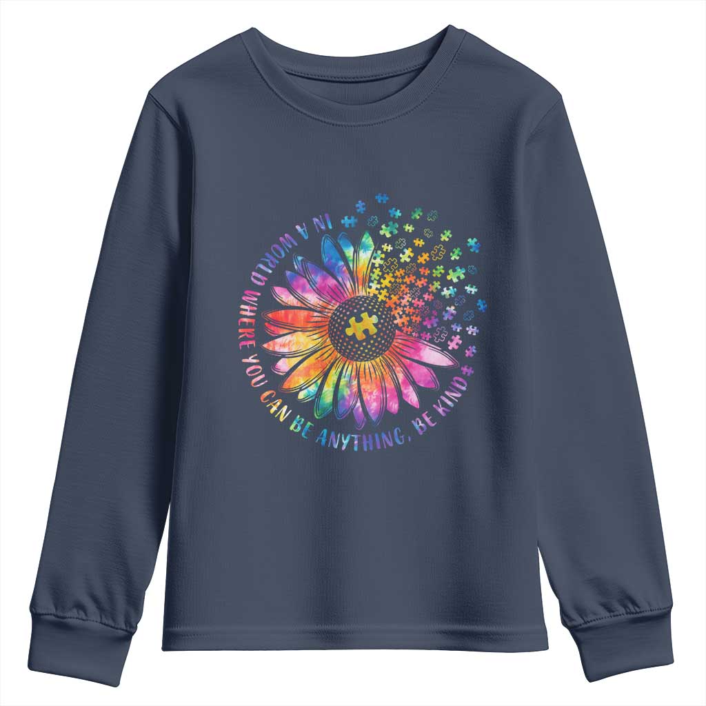 Be Kind Autism Support Youth Sweatshirt Kindness Sunflower Tie Dye Puzzle