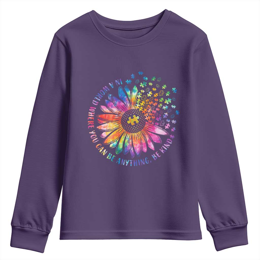 Be Kind Autism Support Youth Sweatshirt Kindness Sunflower Tie Dye Puzzle