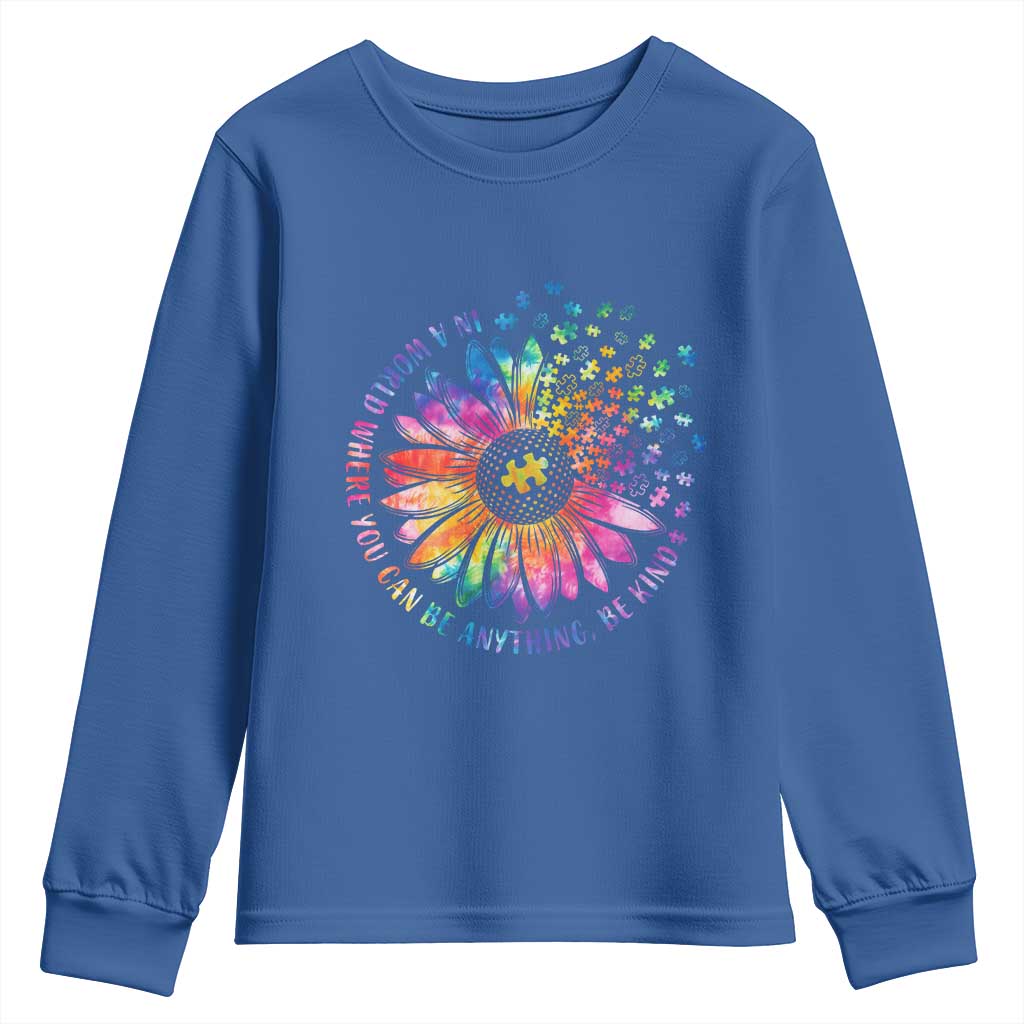 Be Kind Autism Support Youth Sweatshirt Kindness Sunflower Tie Dye Puzzle