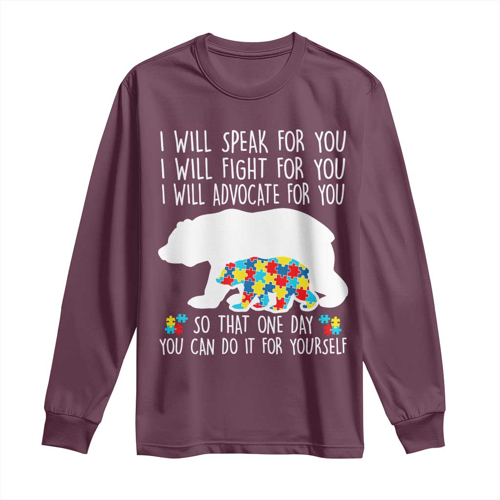 Autism Bear Long Sleeve Shirt I Will Speak Fight Advocate For You