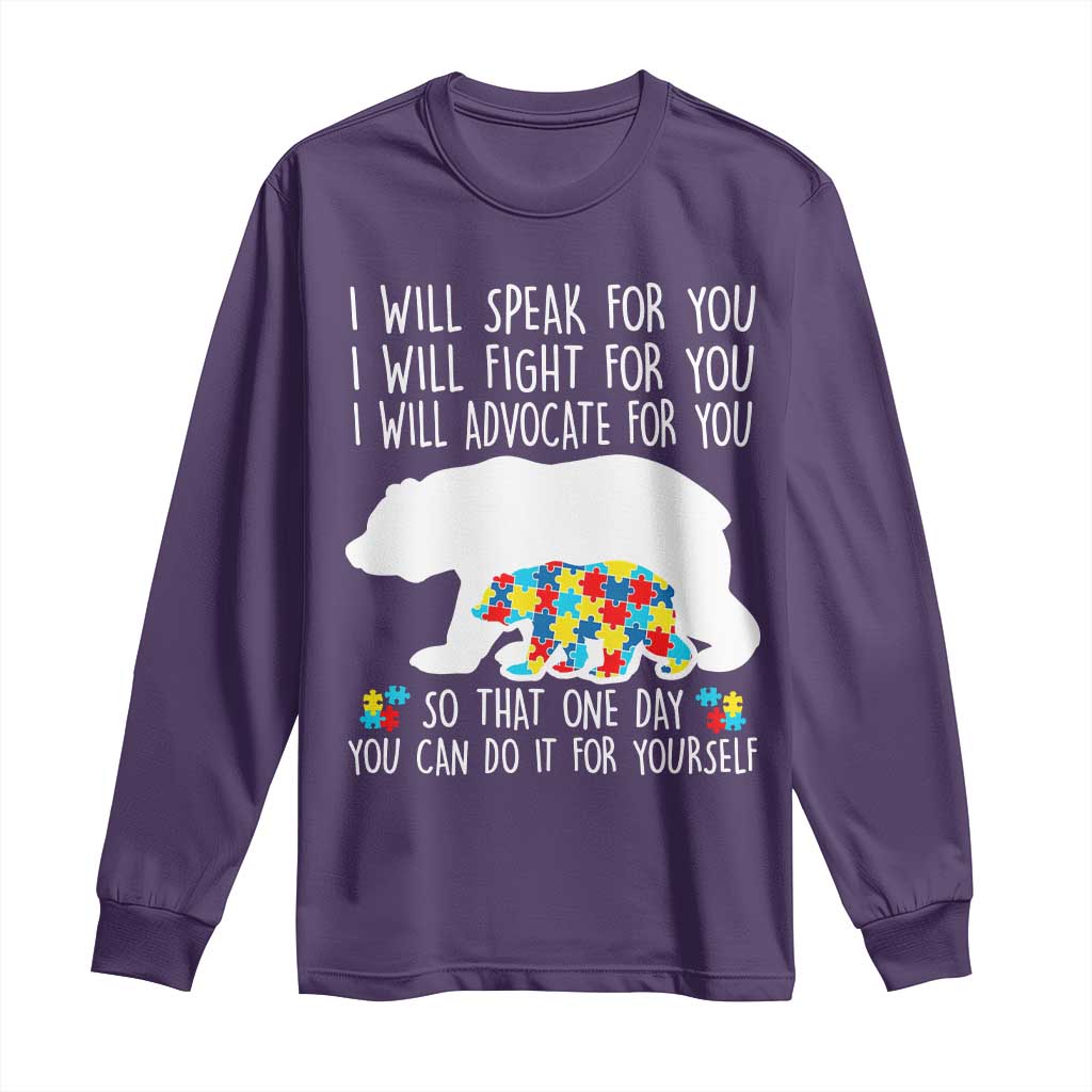 Autism Bear Long Sleeve Shirt I Will Speak Fight Advocate For You