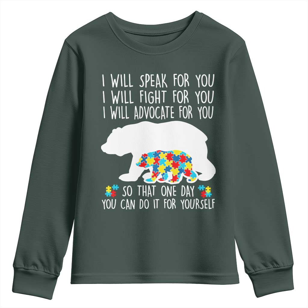 Autism Bear Youth Sweatshirt I Will Speak Fight Advocate For You