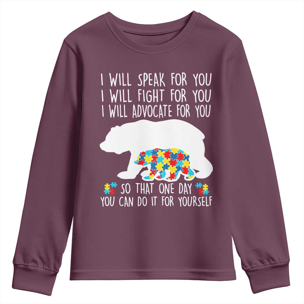 Autism Bear Youth Sweatshirt I Will Speak Fight Advocate For You