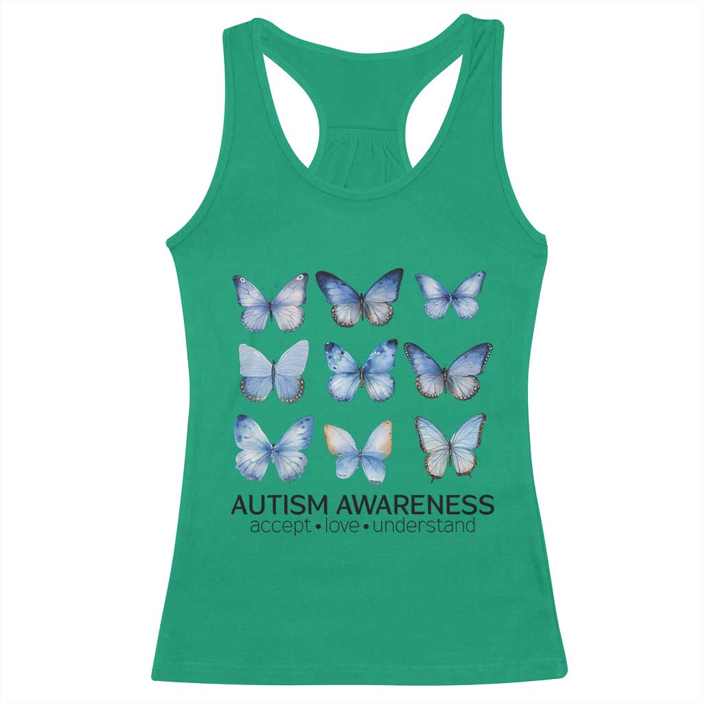 Autism Support Blue Butterflies Racerback Tank Top Accept Love Understand