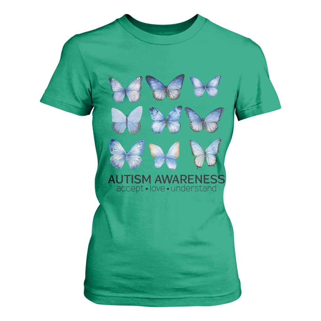 Autism Support Blue Butterflies T Shirt For Women Accept Love Understand