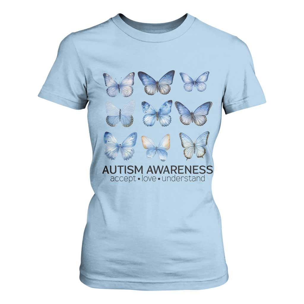 Autism Support Blue Butterflies T Shirt For Women Accept Love Understand