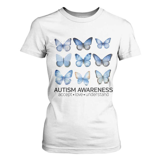 Autism Support Blue Butterflies T Shirt For Women Accept Love Understand