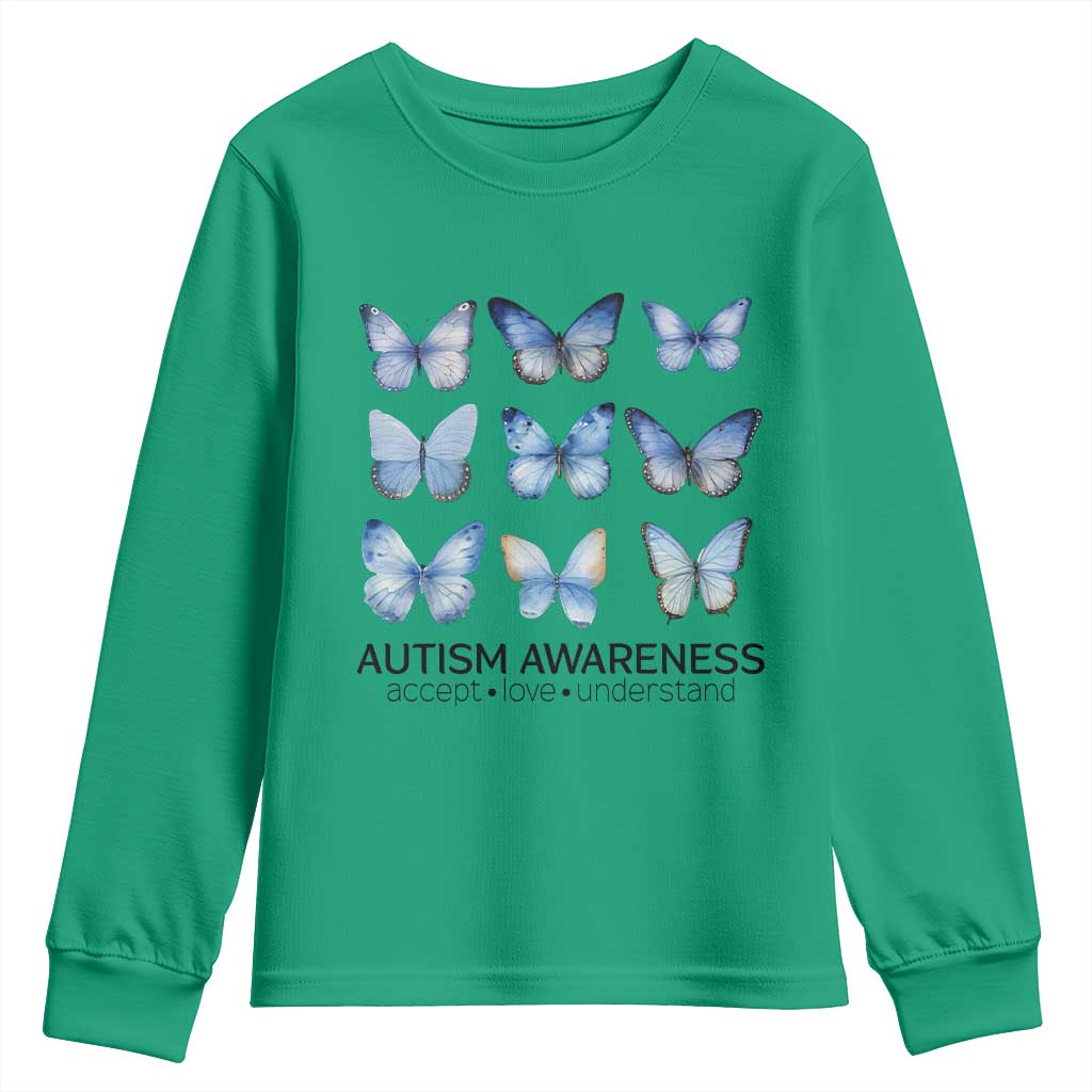 Autism Support Blue Butterflies Youth Sweatshirt Accept Love Understand