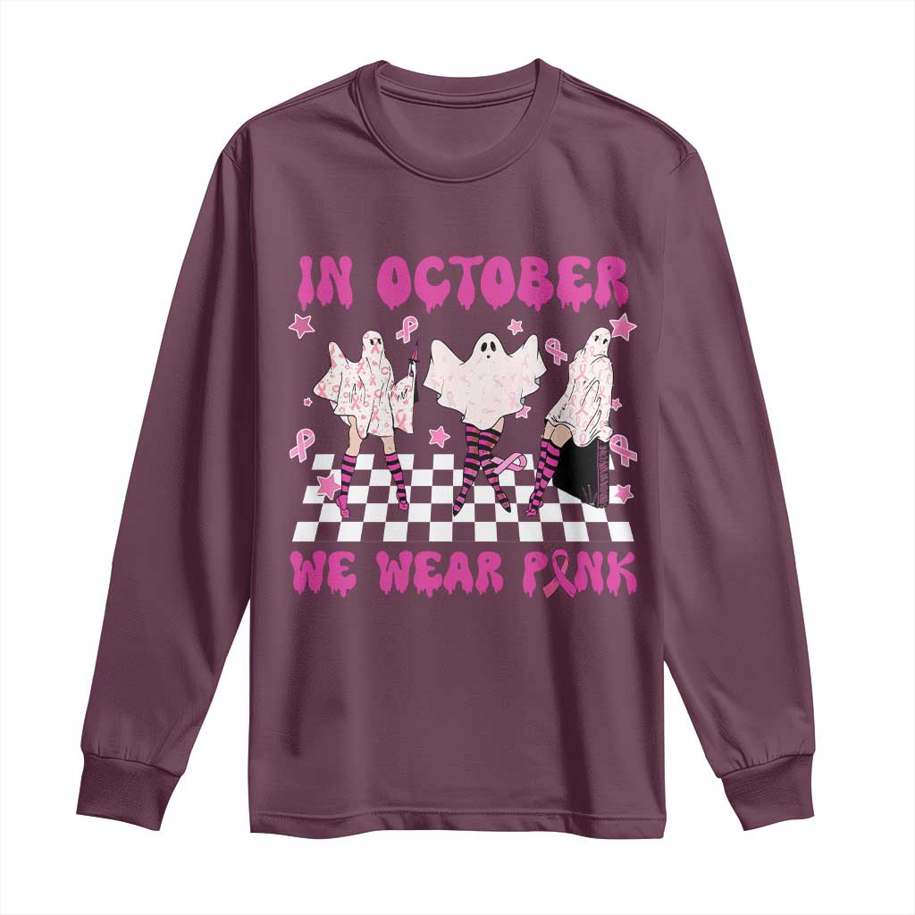 Breast Cancer Boo Sheet Support Squad Long Sleeve Shirt In October We Wear Pink Halloween Ghost Pink Ribbon