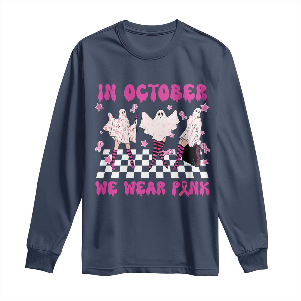 Breast Cancer Boo Sheet Support Squad Long Sleeve Shirt In October We Wear Pink Halloween Ghost Pink Ribbon