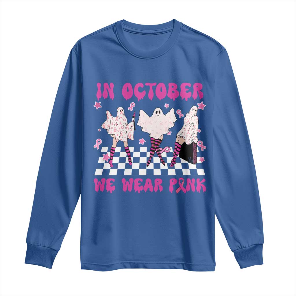 Breast Cancer Boo Sheet Support Squad Long Sleeve Shirt In October We Wear Pink Halloween Ghost Pink Ribbon