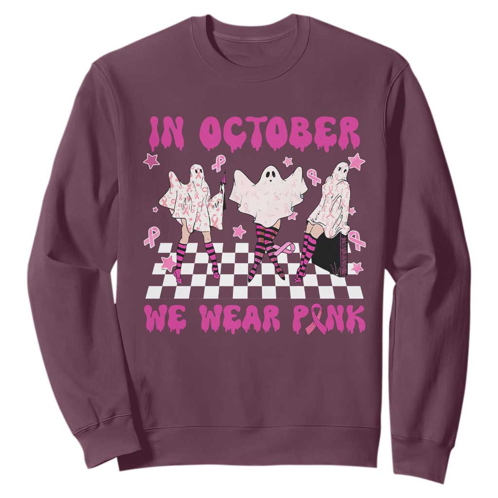 Breast Cancer Boo Sheet Support Squad Sweatshirt In October We Wear Pink Halloween Ghost Pink Ribbon