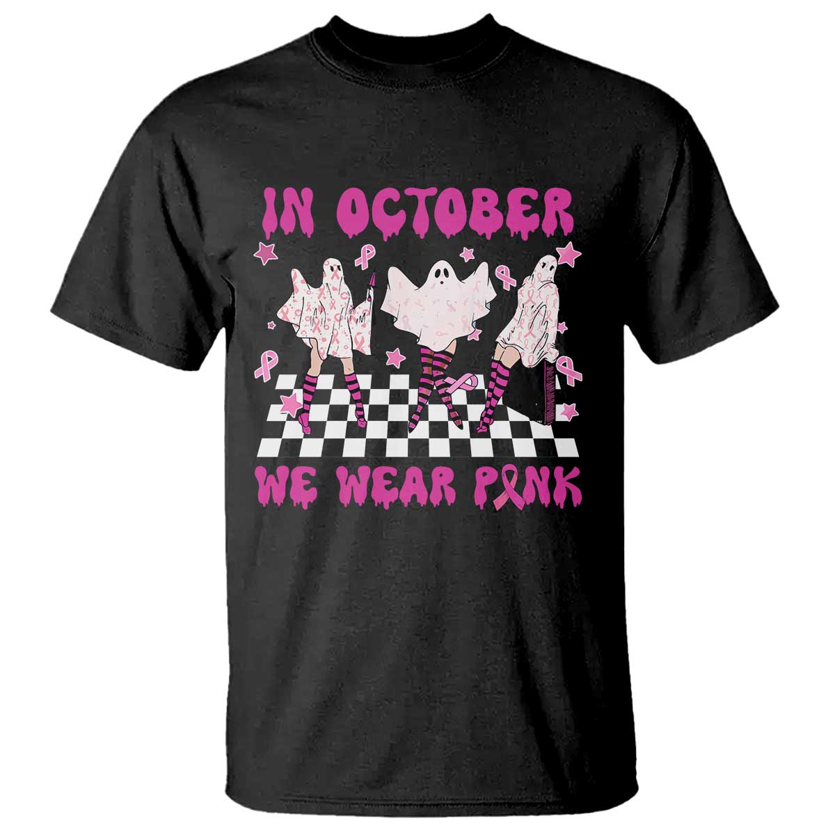 Breast Cancer Boo Sheet Support Squad T Shirt In October We Wear Pink Halloween Ghost Pink Ribbon