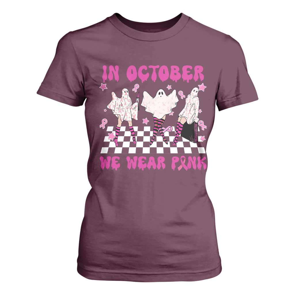Breast Cancer Boo Sheet Support Squad T Shirt For Women In October We Wear Pink Halloween Ghost Pink Ribbon