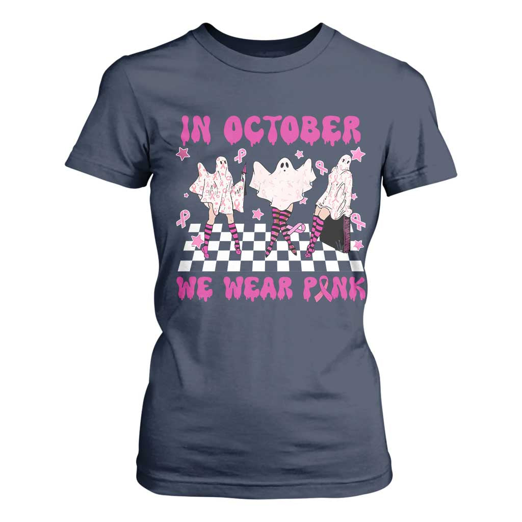 Breast Cancer Boo Sheet Support Squad T Shirt For Women In October We Wear Pink Halloween Ghost Pink Ribbon