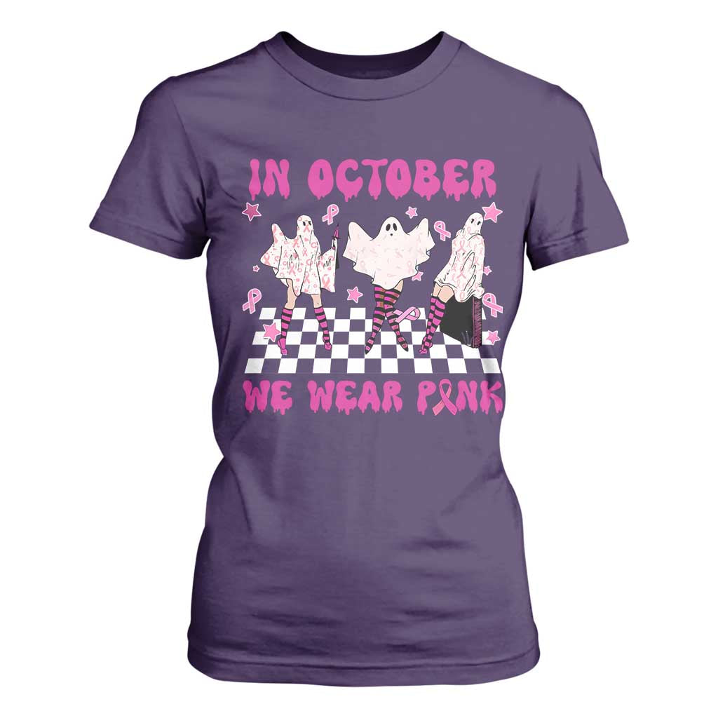 Breast Cancer Boo Sheet Support Squad T Shirt For Women In October We Wear Pink Halloween Ghost Pink Ribbon