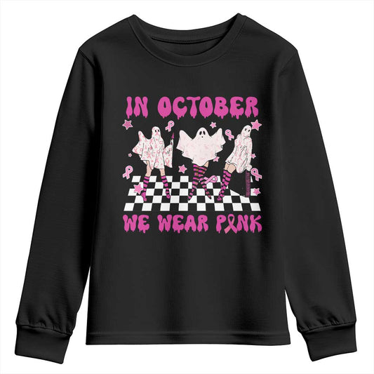 Breast Cancer Boo Sheet Support Squad Youth Sweatshirt In October We Wear Pink Halloween Ghost Pink Ribbon