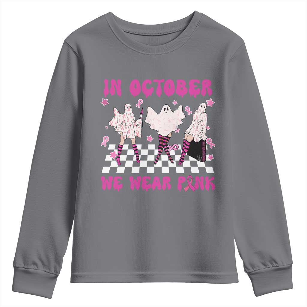 Breast Cancer Boo Sheet Support Squad Youth Sweatshirt In October We Wear Pink Halloween Ghost Pink Ribbon