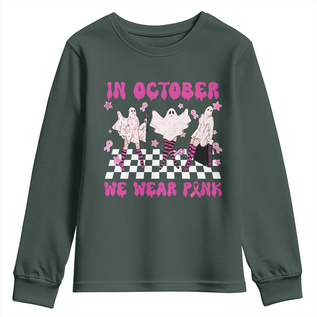 Breast Cancer Boo Sheet Support Squad Youth Sweatshirt In October We Wear Pink Halloween Ghost Pink Ribbon