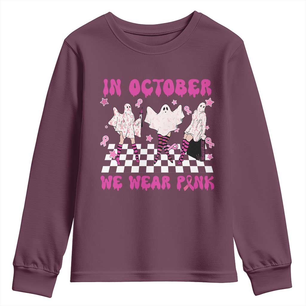 Breast Cancer Boo Sheet Support Squad Youth Sweatshirt In October We Wear Pink Halloween Ghost Pink Ribbon