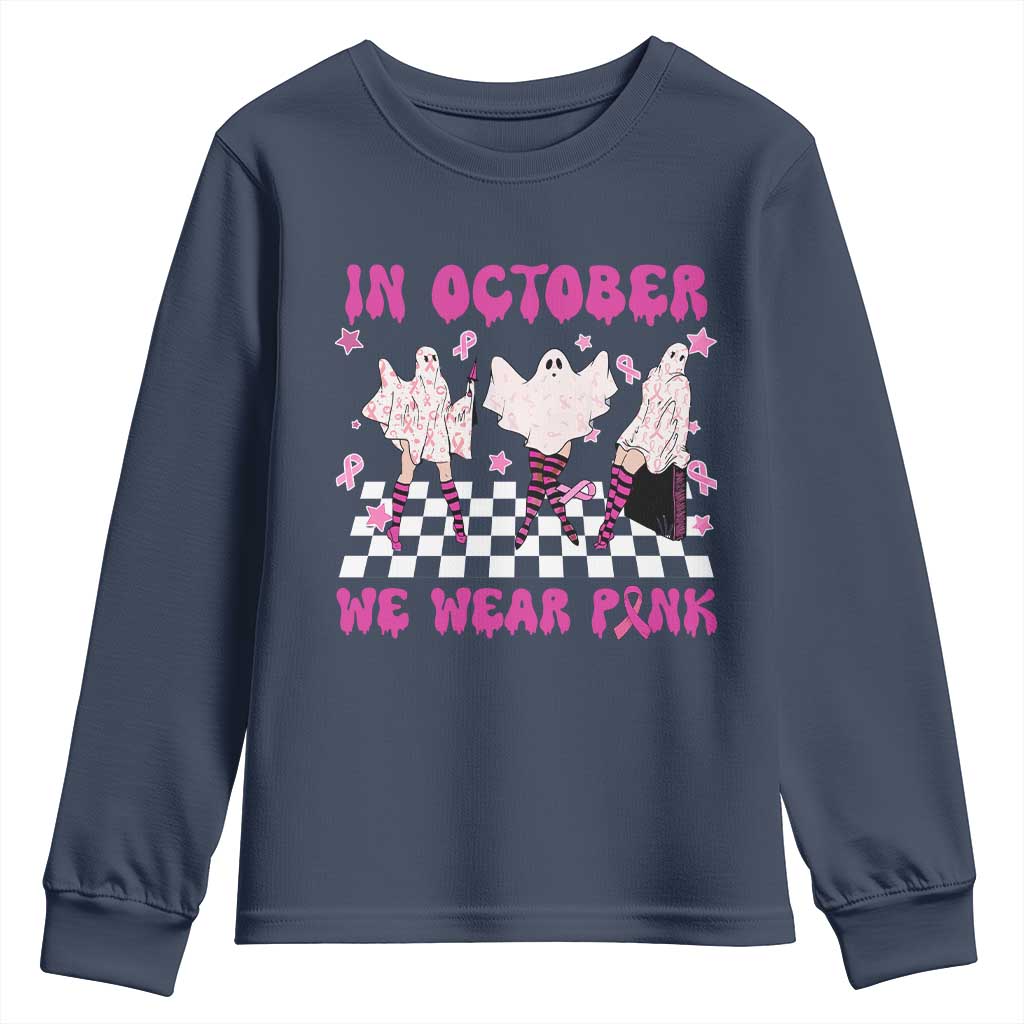 Breast Cancer Boo Sheet Support Squad Youth Sweatshirt In October We Wear Pink Halloween Ghost Pink Ribbon