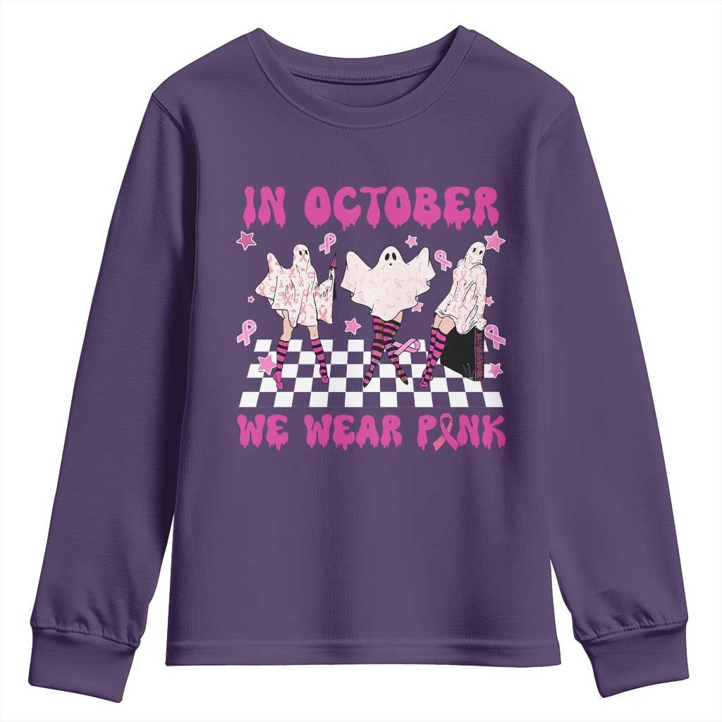 Breast Cancer Boo Sheet Support Squad Youth Sweatshirt In October We Wear Pink Halloween Ghost Pink Ribbon