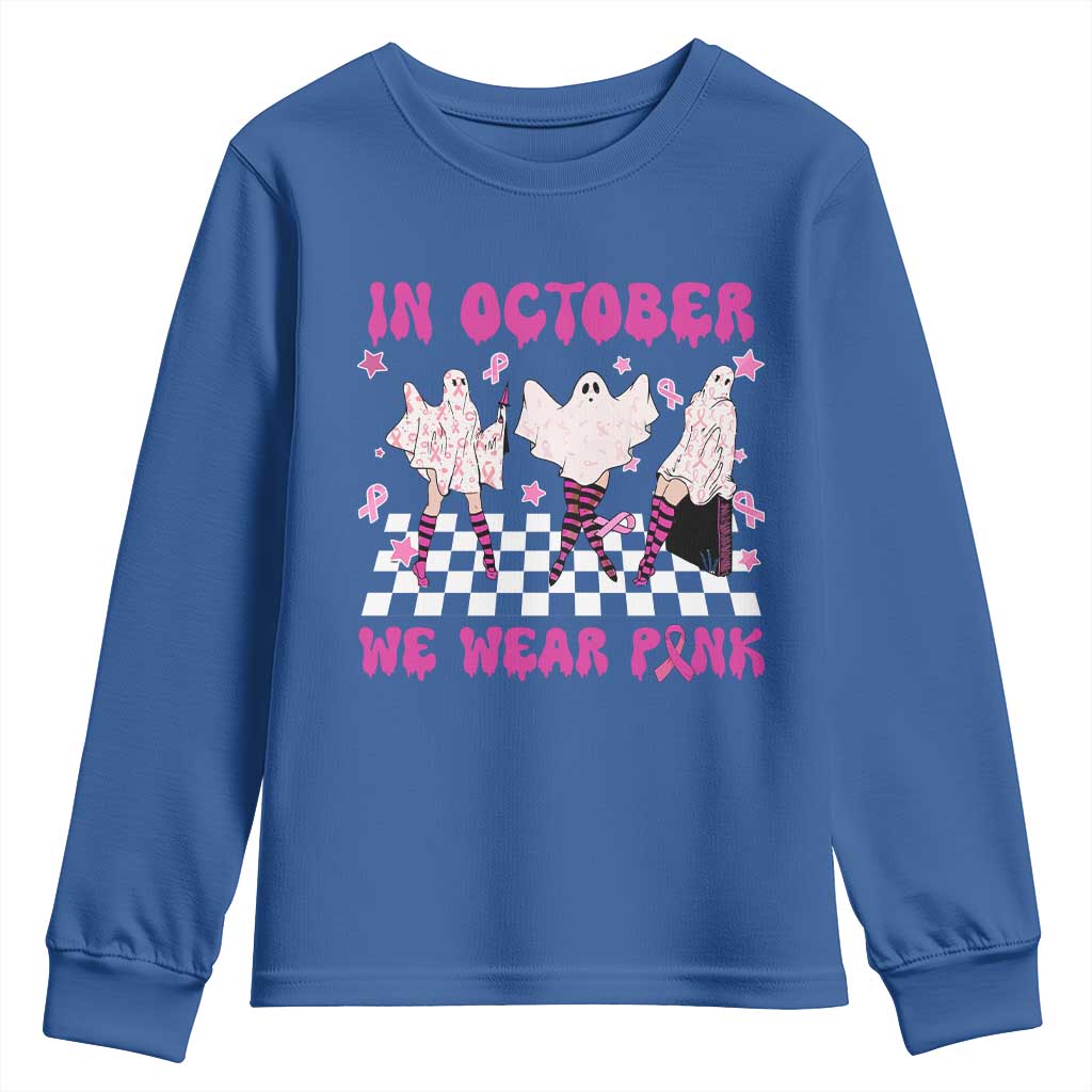 Breast Cancer Boo Sheet Support Squad Youth Sweatshirt In October We Wear Pink Halloween Ghost Pink Ribbon