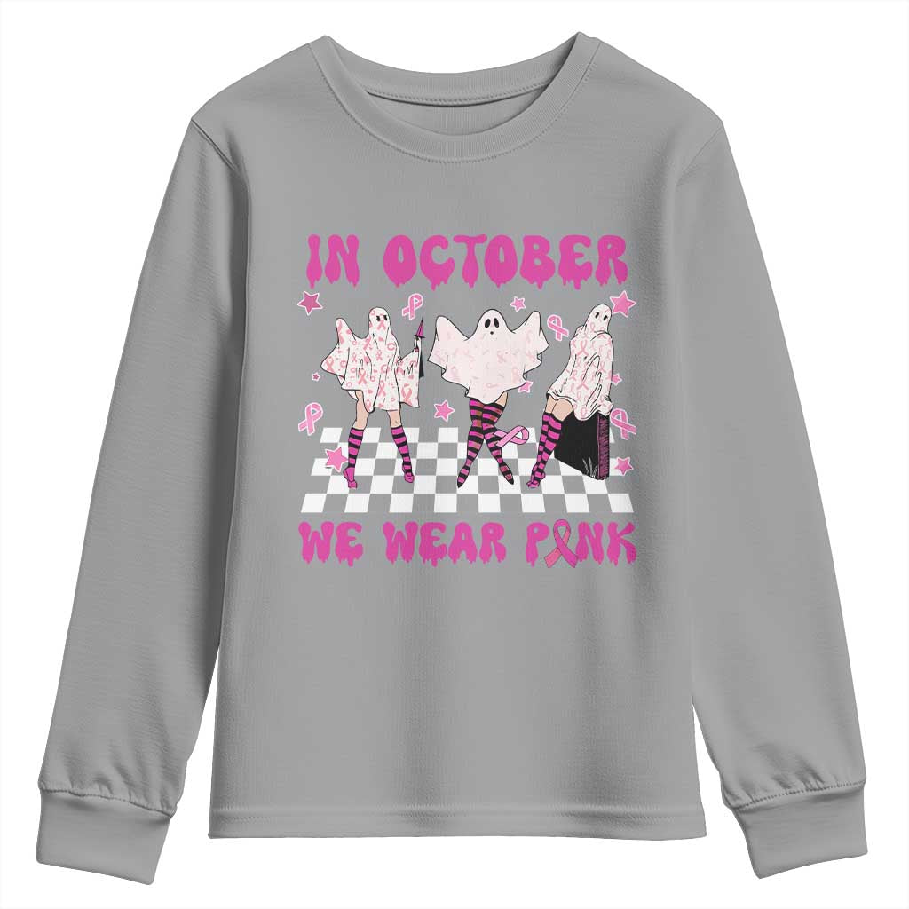 Breast Cancer Boo Sheet Support Squad Youth Sweatshirt In October We Wear Pink Halloween Ghost Pink Ribbon