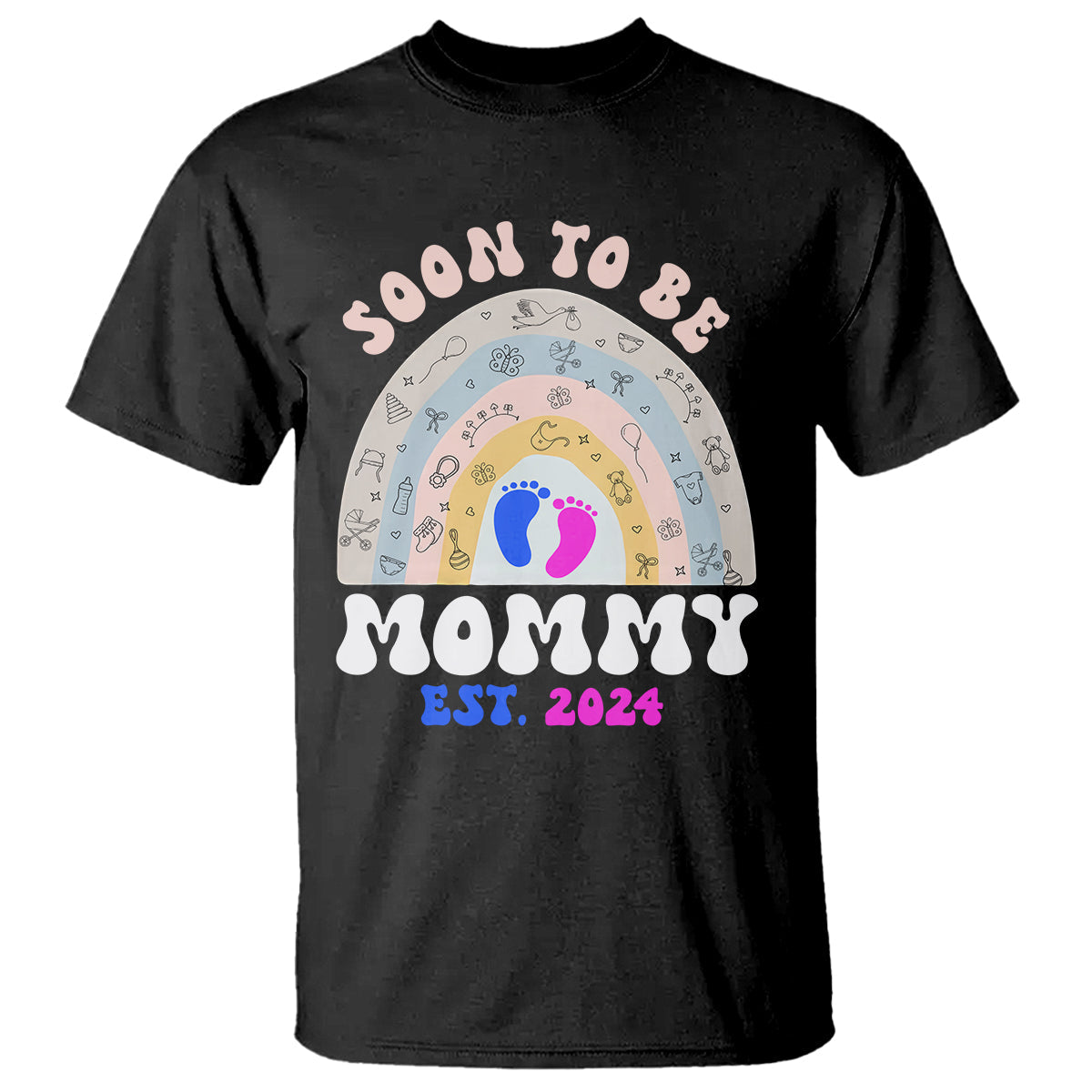 new-mom-t-shirt-soon-to-be-mommy-est-2024-blue-pink-baby-feets-rainbow