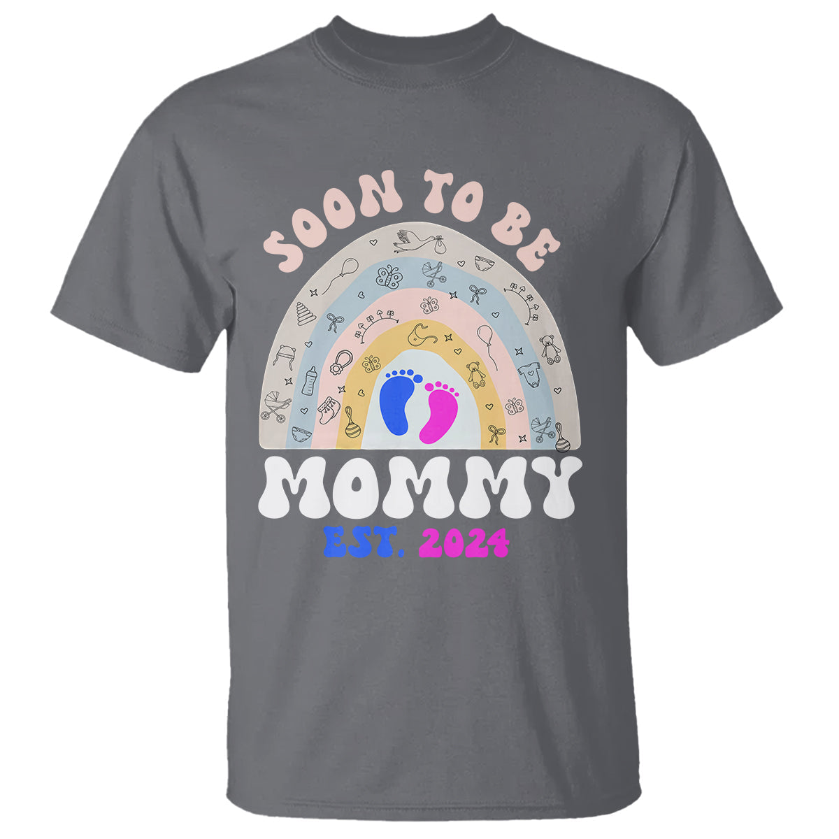 new-mom-t-shirt-soon-to-be-mommy-est-2024-blue-pink-baby-feets-rainbow