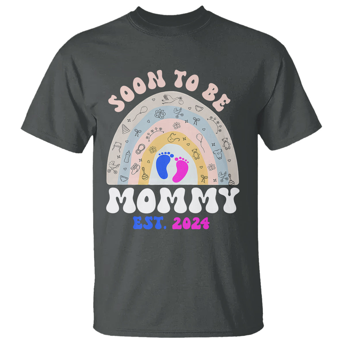 new-mom-t-shirt-soon-to-be-mommy-est-2024-blue-pink-baby-feets-rainbow