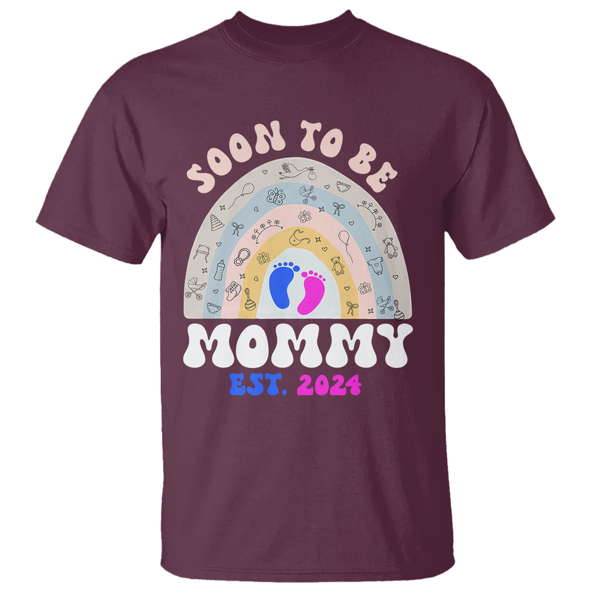 new-mom-t-shirt-soon-to-be-mommy-est-2024-blue-pink-baby-feets-rainbow