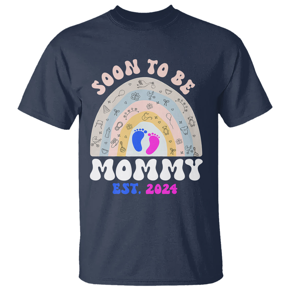 new-mom-t-shirt-soon-to-be-mommy-est-2024-blue-pink-baby-feets-rainbow