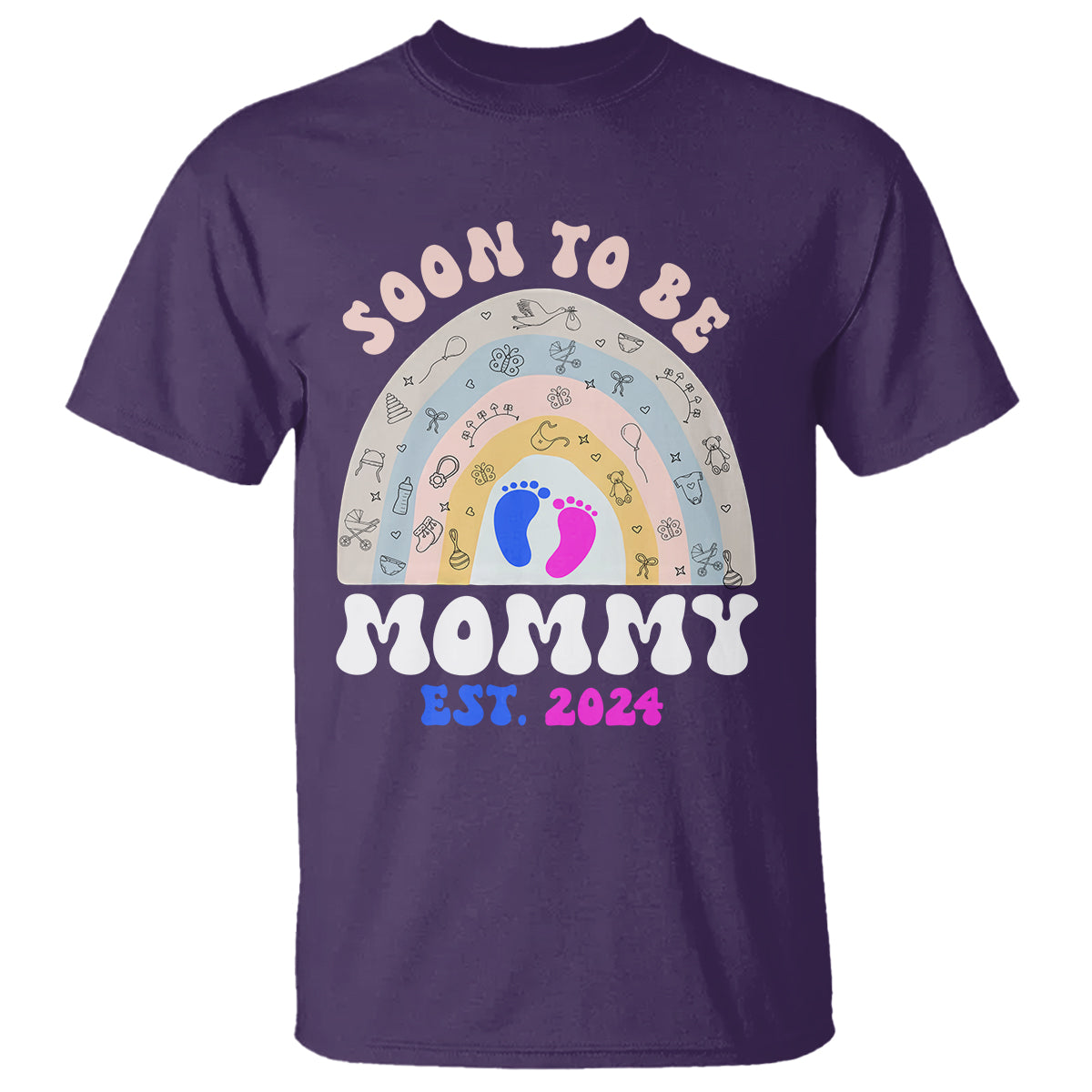 new-mom-t-shirt-soon-to-be-mommy-est-2024-blue-pink-baby-feets-rainbow