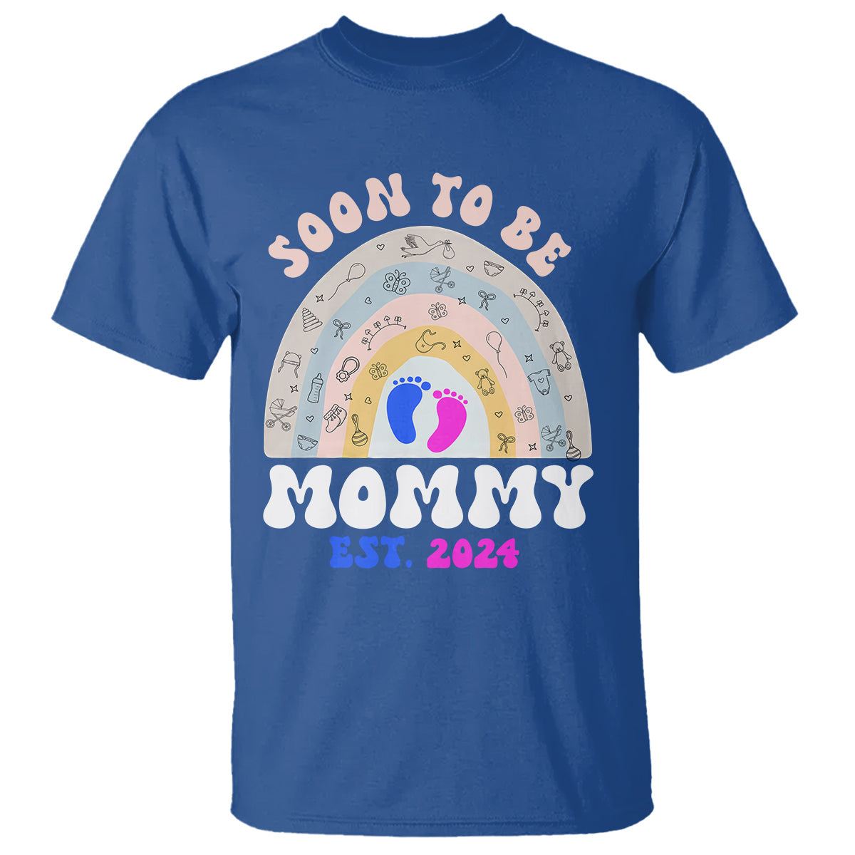 new-mom-t-shirt-soon-to-be-mommy-est-2024-blue-pink-baby-feets-rainbow