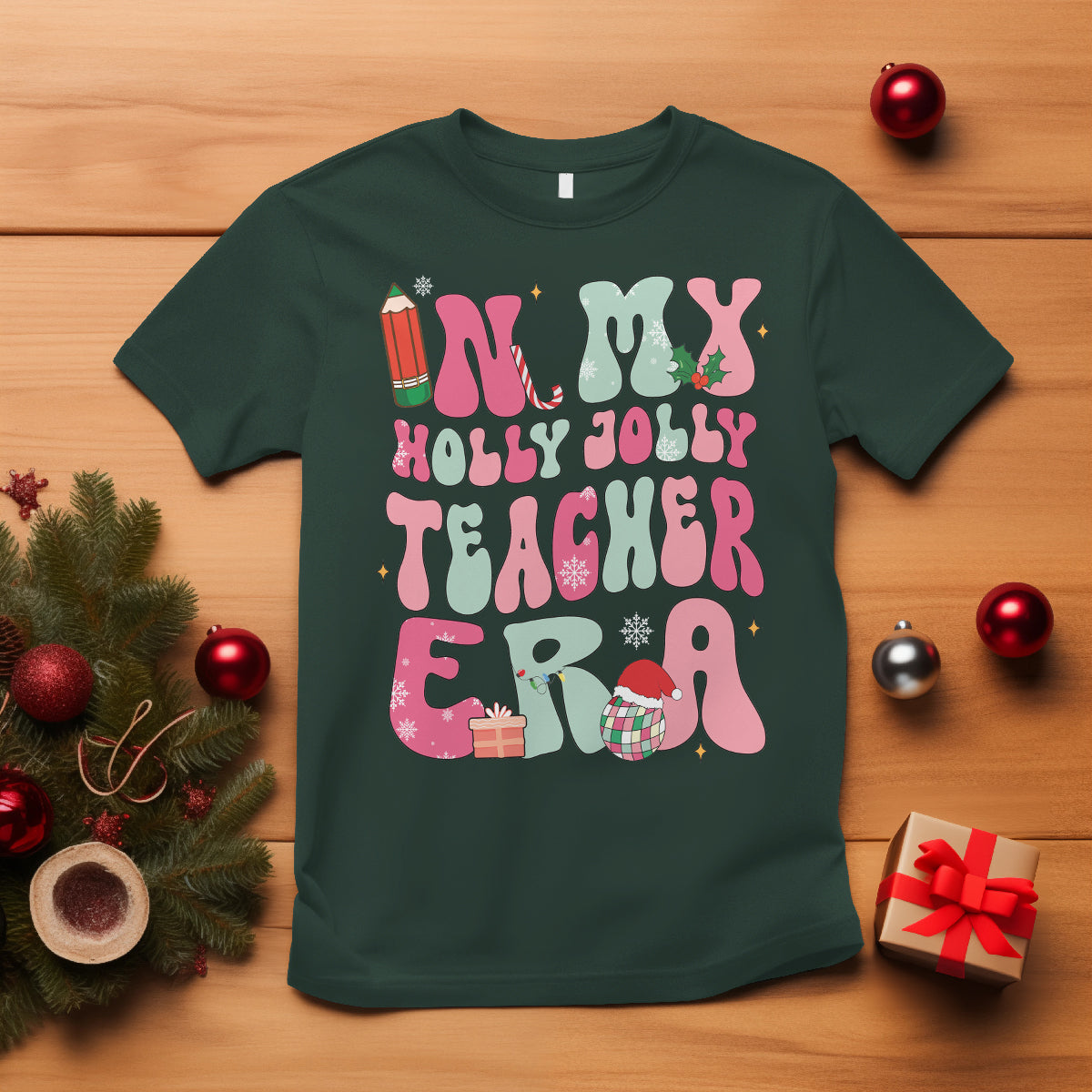 in-my-holly-jolly-teacher-era-xmas-groovy-christmas-t-shirt