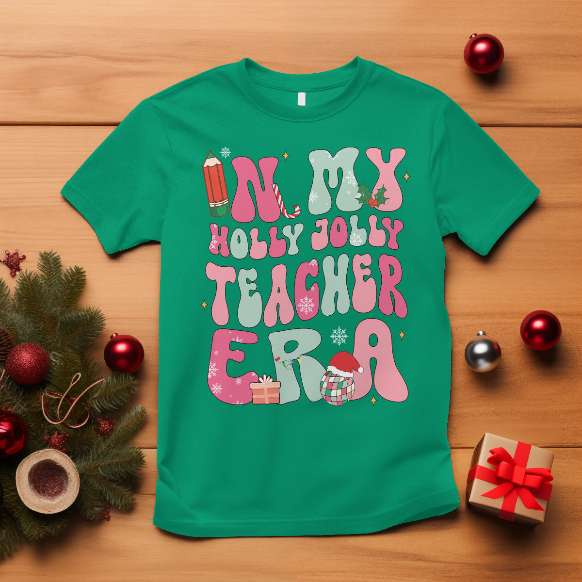 in-my-holly-jolly-teacher-era-xmas-groovy-christmas-t-shirt