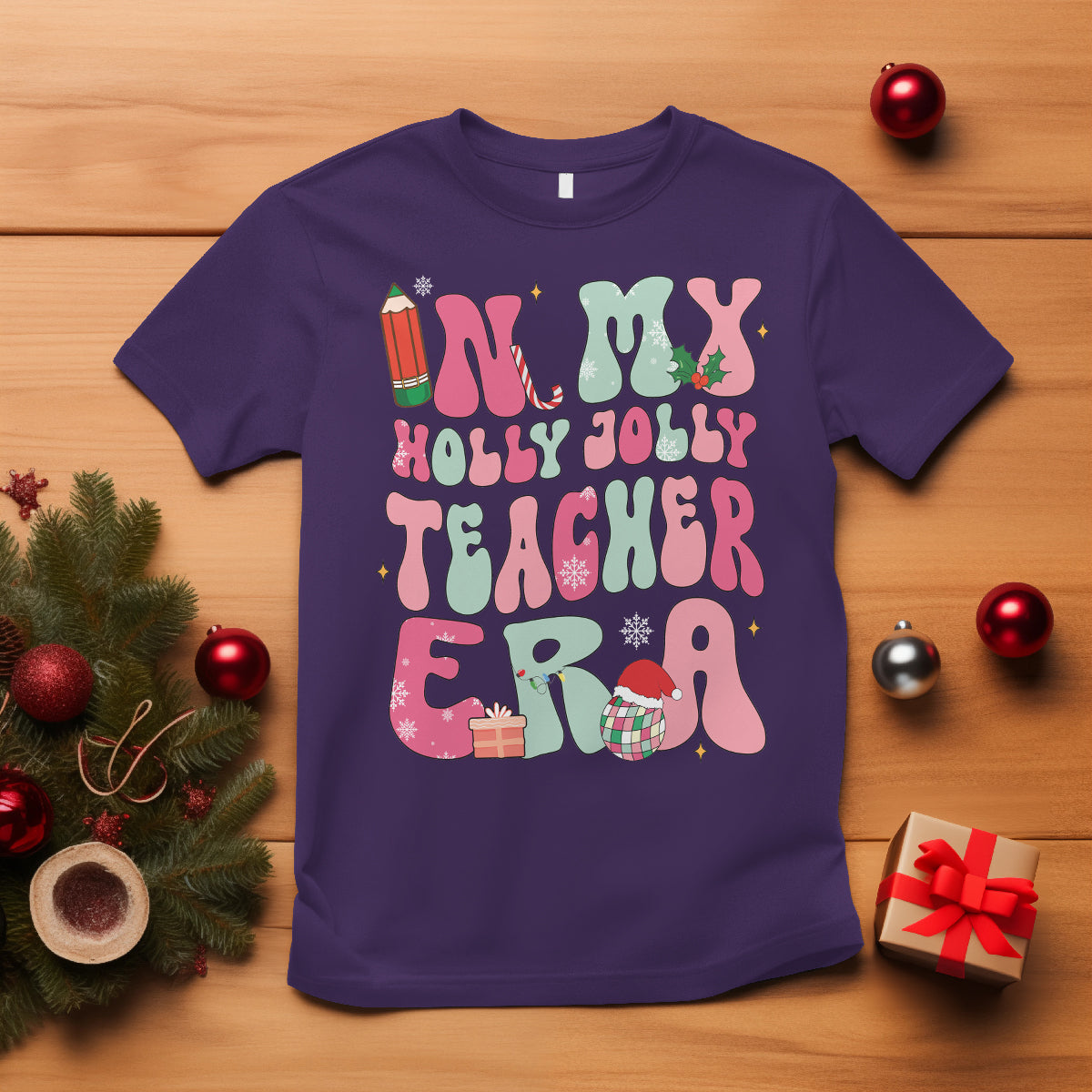 in-my-holly-jolly-teacher-era-xmas-groovy-christmas-t-shirt