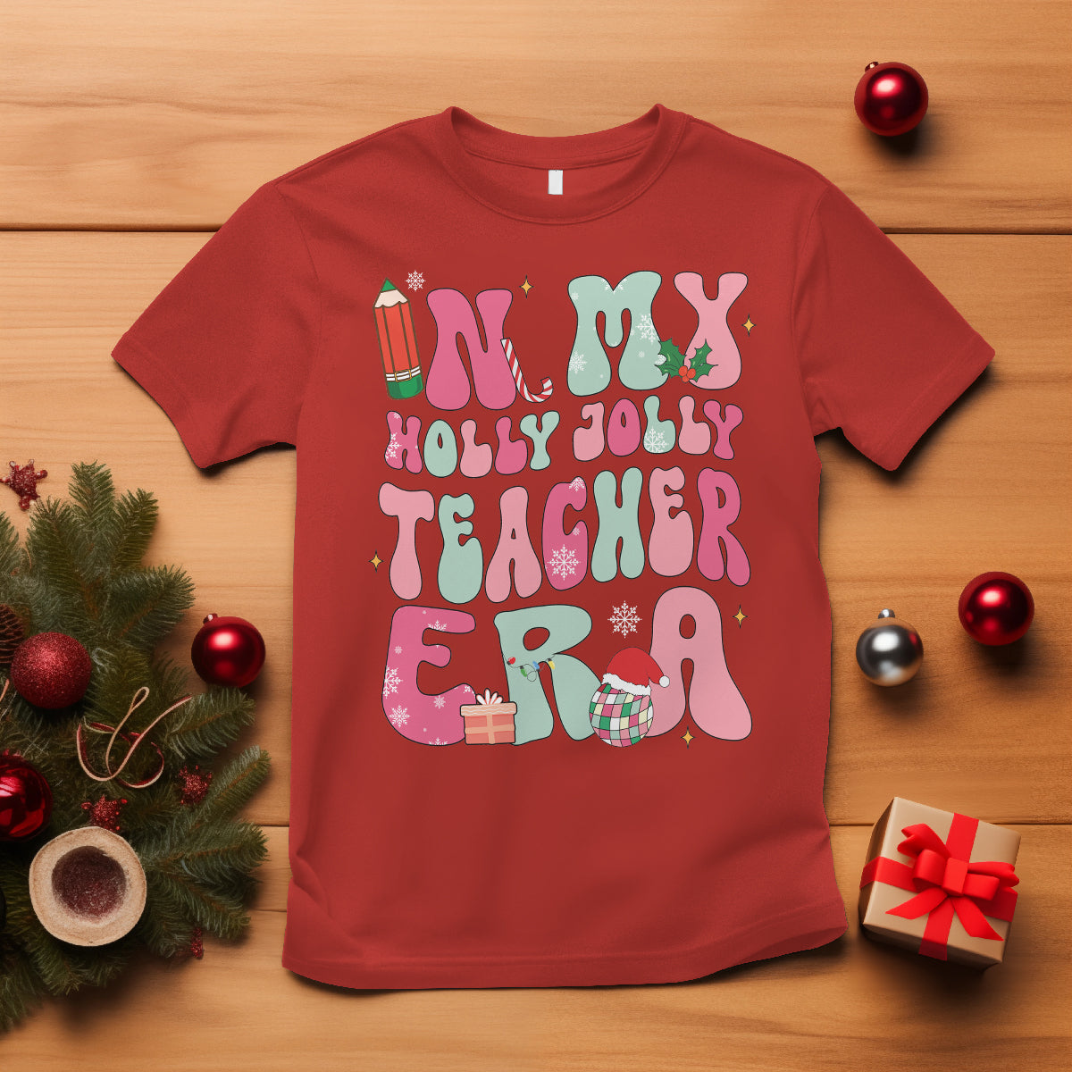 in-my-holly-jolly-teacher-era-xmas-groovy-christmas-t-shirt