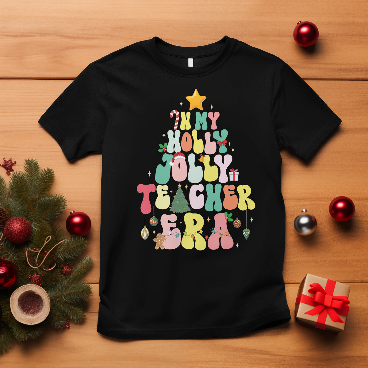 in-my-holly-jolly-teacher-era-xmas-groovy-christmas-tree-t-shirt