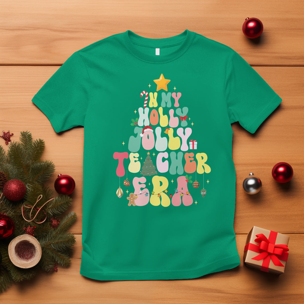 in-my-holly-jolly-teacher-era-xmas-groovy-christmas-tree-t-shirt