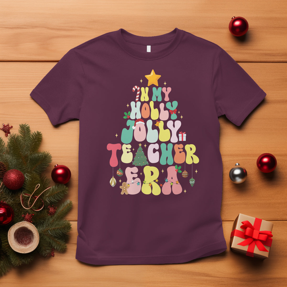 in-my-holly-jolly-teacher-era-xmas-groovy-christmas-tree-t-shirt